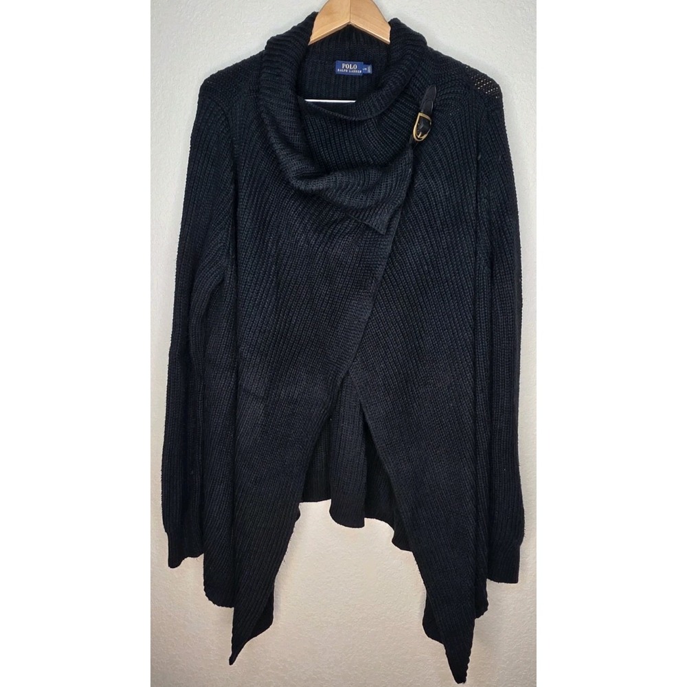 POLO Ralph Lauren Rib Knit Waterfall Collar Wrap Cardigan Cape Buckle Black Lrg